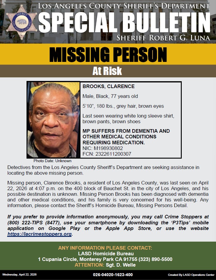 LASDHQ's tweet image. #LASD is Asking for the Public's Help Locating At-Risk Missing Person, Clarence Brooks #LosAngeles 

local.nixle.com/alert/12347695