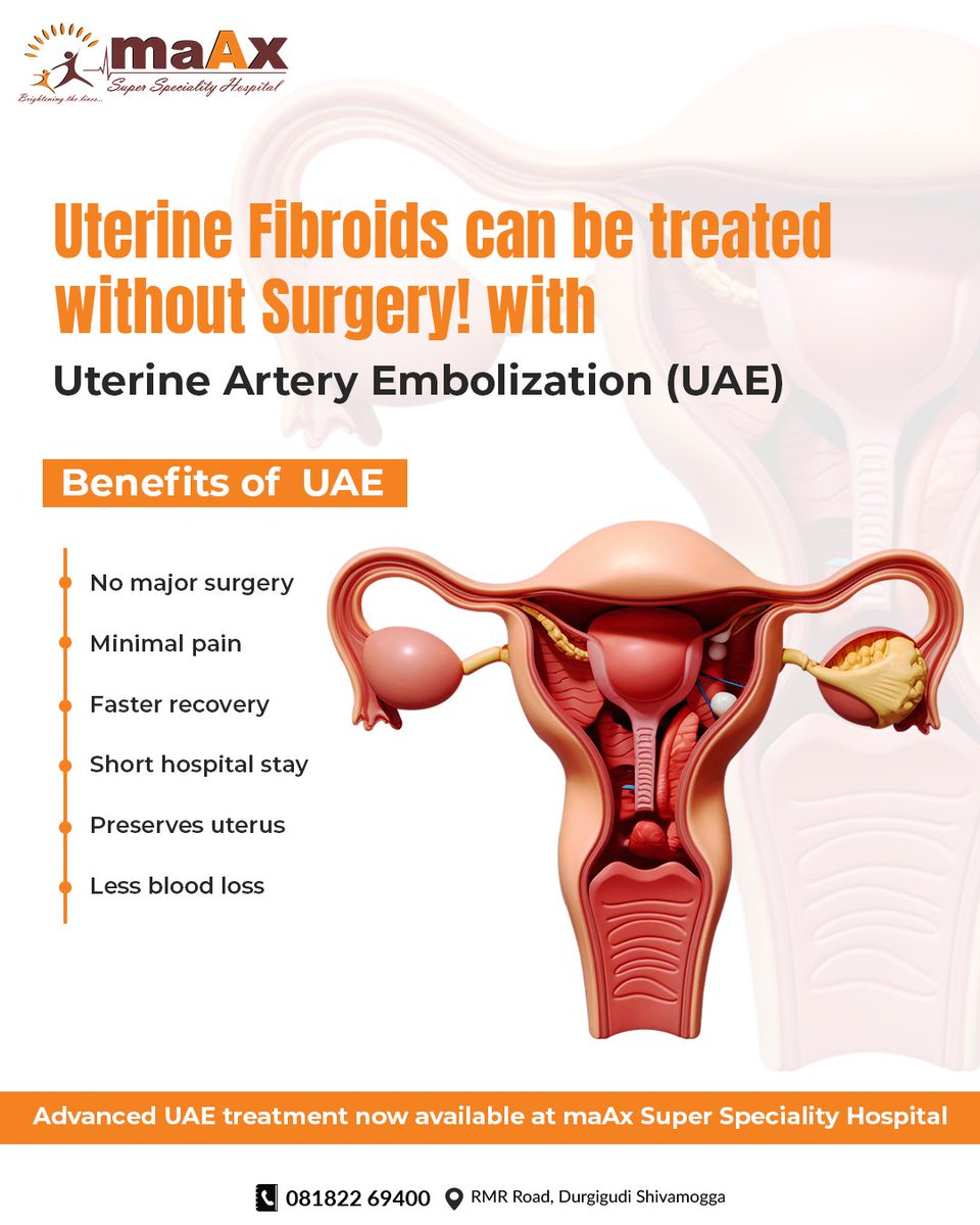 maax_hospital's tweet image. Treat uterine fibroids without major surgery with UAE.
Enjoy minimal pain, faster recovery, and shorter hospital stay.
Advanced care now at maAx Super Speciality Hospital, 
Call us at : 08182-269400 / 269401 / 269410

#maAxSuperSpecialityHospital #Shivamogga #UterineFibroids #UAE
