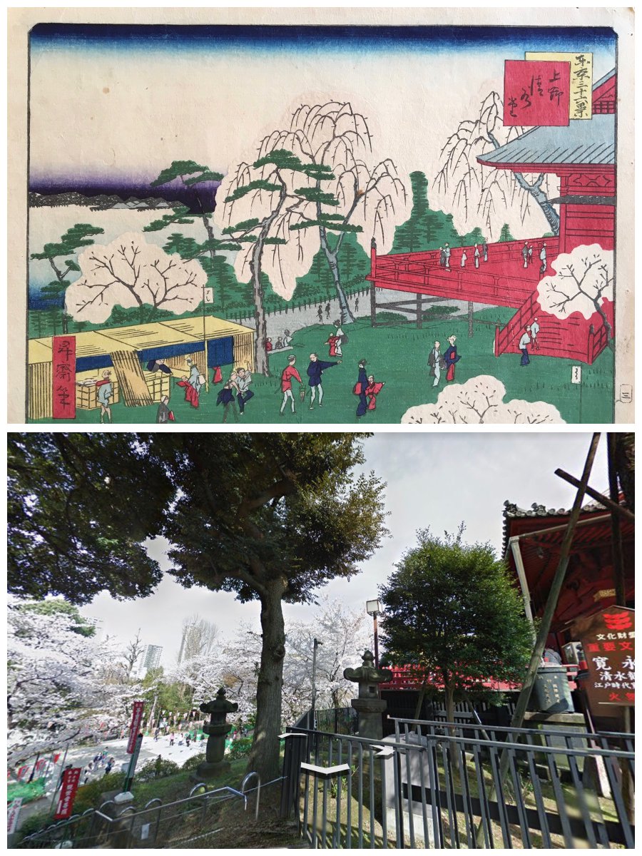 BlackNinjaBob's tweet image. Then &amp;amp; Now: Ueno Kiyomizu Temple, Tokyo

Then 1871 - by #ukiyoe artist Ikkei

Now - Difficult to get the same angle as Ikkei, a lot of barriers these days, but at least I managed to also get the blossom.
#Japan