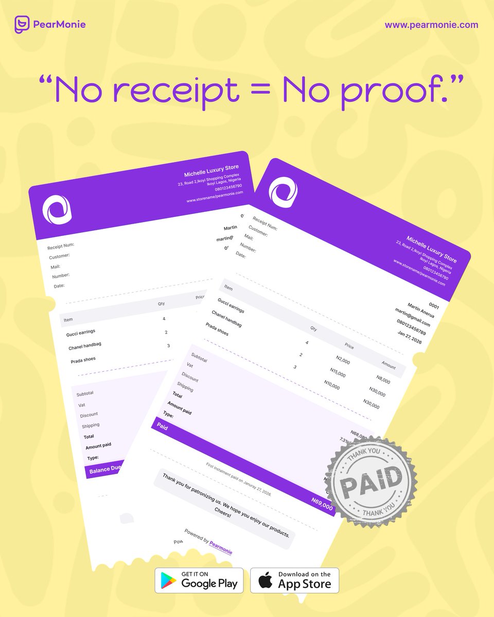 You might trust your customer.

But business is not built on memory. It’s built on proof.

Receipts: • confirm payment • prevent disputes • build trust

Every serious business sends one.

With PearMonie, receipts are instant.

Make every transaction official.

#BusinessTrust