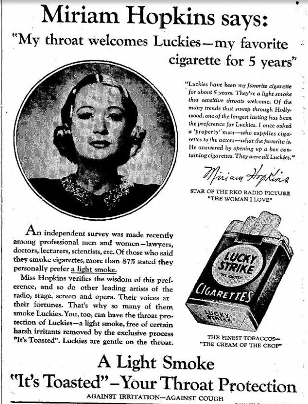 SoScarlett1's tweet image. Newspaper ad for Luckies cigarettes endorsed by Miriam Hopkins. (Sad that so many died from lung cancer.) #TCM #Hollywood #TCMparty #MiriamHopkins