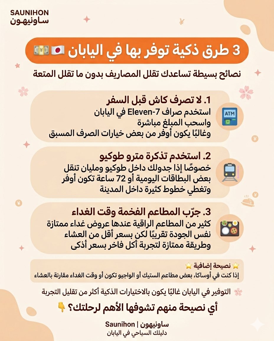 3 طرق ذكية توفّر بها في #اليابان 🇯🇵💴✨

إذا كنت تخطط لرحلتك إلى اليابان،
فالتوفير مو معناه تقلل المتعة…
بالعكس، أحيانًا الفرق كله يكون في اختيارات أذكى 👌🏻

في هذا البوست جمعنا لك 3 نصائح بسيطة لكنها فعلاً تفرق في المصاريف اليومية:
من سحب الكاش بالطريقة المناسبة 🏧
إلى اختيار