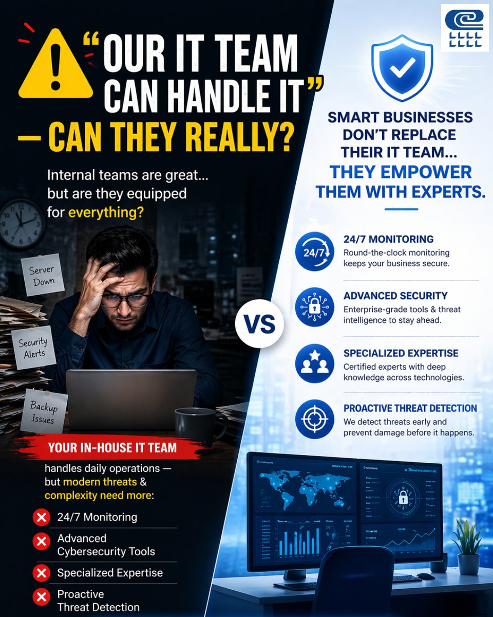 🚨 “Our IT Team Can Handle It”… but can they handle everything?

Modern IT needs more than maintenance:
⚠️ 24/7 Monitoring
⚠️ Advanced Security
⚠️ Proactive Threat Detection
Smart businesses don’t replace their IT team—
they empower them.
👉 Build a stronger IT strategy today