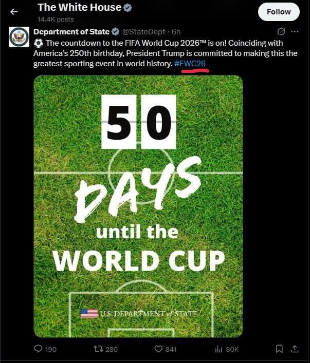 50 days to FIFA WC , buy &amp; hold #FWC26 on solami chain, as you can see the official hashtag of Whitehouse is #FWC26

I am expecting multi millions of run from this, $FWC26 is the official meme hashtag.

AuyPaCUjcnA2a6a2M52BrLPsc9XudtyJNgbURo9pump