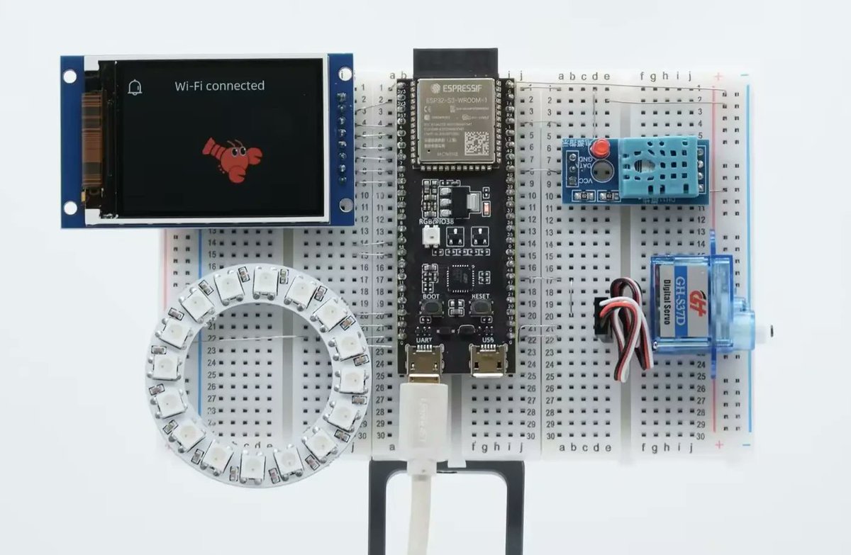 cnxsoft's tweet photo. .@EspressifSystem launches ESP-Claw framework to build AI agents for ESP32.
https://t.co/02mFtPZvYv

ESP-Claw enables ESP32 boards to respond to events, work with LLM-driven decisions, retain useful context, and take actions locally without connection to the cloud, unless required. The agent can control sensors and device state, and perform real-world actions such as controlling an RGB LED strip.

It currently only works on ESP32-S3 boards with at least 8MB flash and 8MB PSRAM, but ESP32-P4 support is coming soon.
