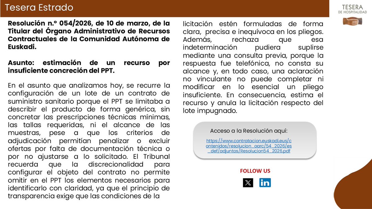 Resolución nº 054/2026, de 10 de marzo, de la Titular del Órgano Administrativo de Recursos Contractuales de la Comunidad Autónoma de Euskadi. <a href="/TeseradH/">TeseradeHospitalidad</a>
#TeseraDeHospitalidad #contratacionpublicasanitaria
Resolución aquí:) bit.ly/4mL6F01