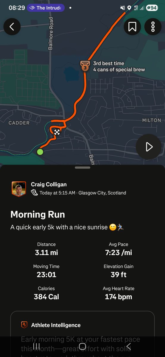 CraigRGNDem's tweet image. A quick early 5k with a nice sunrise 🙂🏃🏻‍♂️

#Running #5k #Glasgow #Sunrise @UKRunChat #Strava