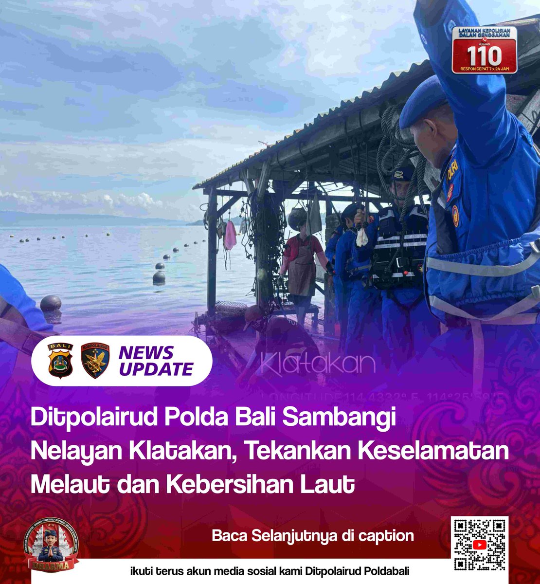 Ditpolairudbali's tweet image. Personel Ditpolairud Polda Bali gelar sambang nelayan di Klatakan, Jembrana (23/4). Imbau keselamatan melaut &amp;amp; jaga kebersihan ekosistem laut. Masyarakat diajak lapor jika ada hal menonjol. Situasi aman &amp;amp; kondusif. 👮‍♂️⚓️🌊

#DitpolairudPoldaBali #Bali #Kamtibmas