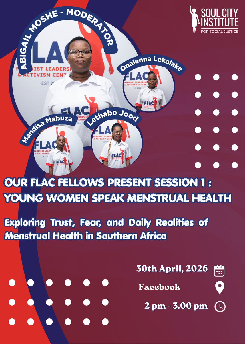 SoulCity_SA's tweet image. SAVE THE DATE  

Young women are taking centre stage in a powerful conversation on menstrual health and SRHR. 

 "Young Women Speak: Trust, Fear, and Everyday Realities of Menstrual Health" 

30 April 2026 
14:00 – 15:00 
 Live on our Facebook &amp;amp; YouTube page
#SRHR #MenstrualH