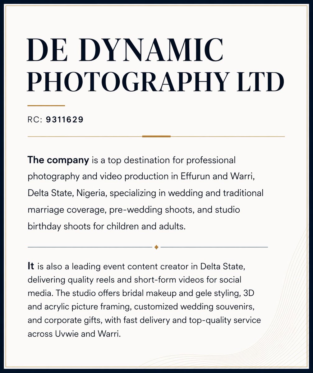 WarriStudio's tweet photo. DE DYNAMIC PHOTOGRAPHY LTD
RC: 9311629

The company is a top destination for professional photography and video production in Effurun and Warri, Delta State, Nigeria. https://t.co/Ogb7VRy7Zm