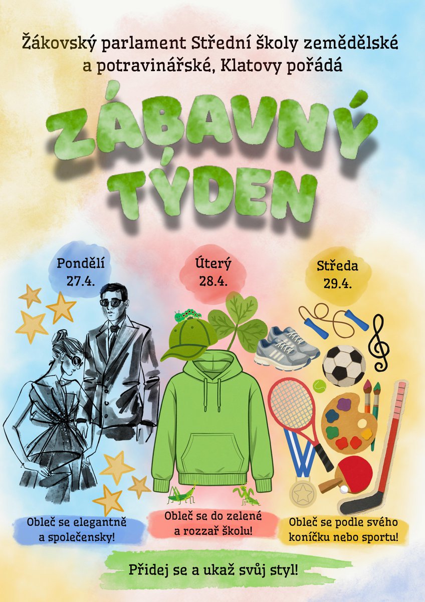SSZPKlatovy's tweet photo. Žákovský parlament Střední školy zemědělské a potravinářské, Klatovy pořádá v posledním dubnovém týdnu "ZÁBAVNÝ TÝDEN".

Ukažte svůj styl, nápaditost, kreativitu, originalitu a přidejte se!
*****Zemědělka jede***** https://t.co/NPfpIosHaN