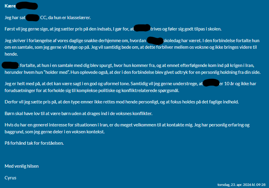 cyrus_razavi's tweet image. Jeg er rasende.
En lærer skal holde sine politiske holdninger for sig selv.
Børn skal ikke inddrages i de voksnes konflikter.
For helvede, lad børn være børn.
#dkpol #dkmedier