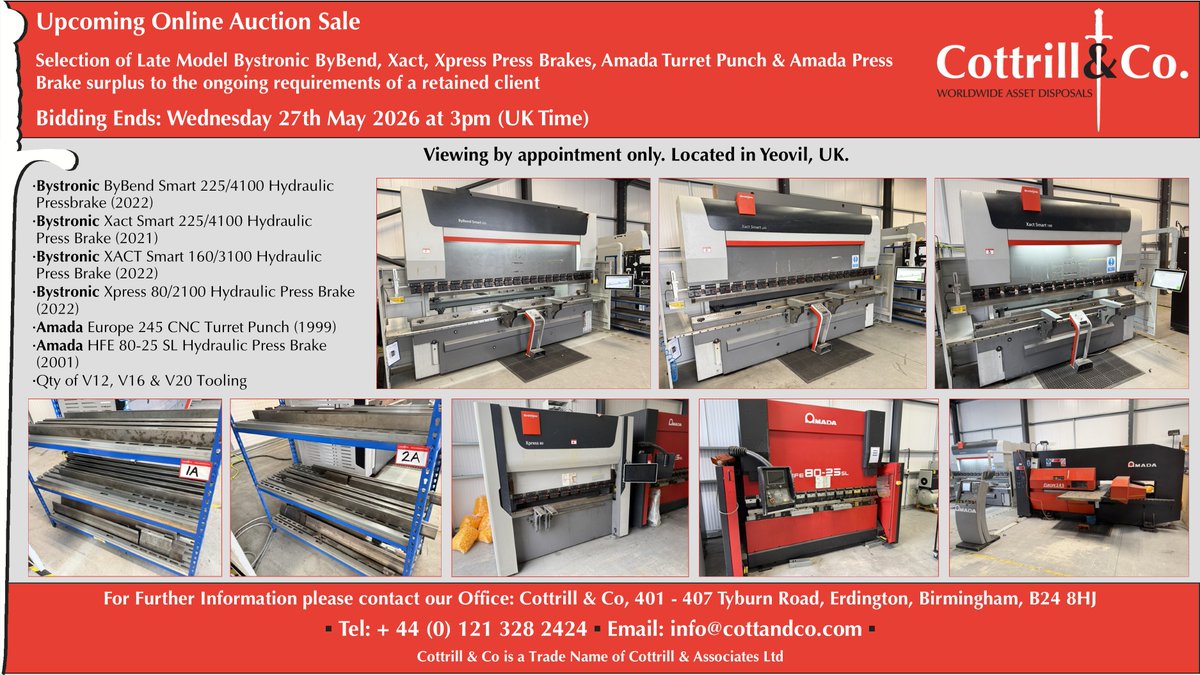 Cottrill_and_Co's tweet image. 📆 Online #Auction Sale - 27 May 2026 - Selection of Late Model Bystronic ByBend, Xact, Xpress Press Brakes, Amada Turret Punch &amp;amp; Amada Press Brake #cnc #EngineeringUK #engineering #ukmfg #usedmachines #manufacturinguk #manufacturing

Link to Auction: cottandco.com/en/lots/auctio…