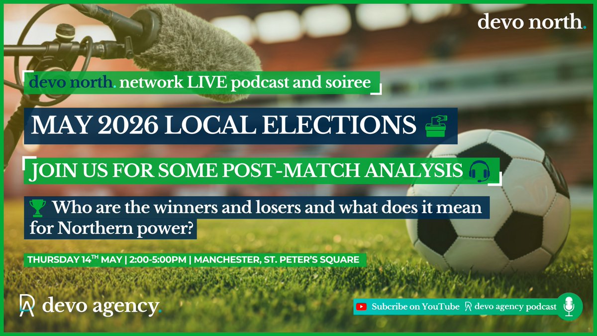 devo_agency's tweet photo. On the 14th May our Devo North Network will be hosting a ‘Post-Match Analysis’ of the May local elections with a LIVE podcast at KPMG Manchester!

Tickets will be limited - don't forget to RSVP!: https://t.co/bUlmKFxhgk https://t.co/41XxKjyTZA