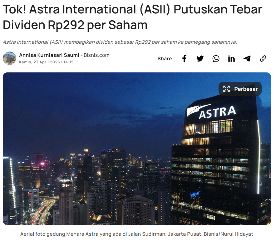 ChasyaKomunika's tweet image. Emiten produsen otomotif PT Astra International Tbk. (ASII) membagikan dividen final sebesar Rp292 per saham ke pemegang sahamnya. Dividen ini akan dibagikan pada 25 Mei 2026.

#dividen #asii #astra

Sumber : market.bisnis.com/read/20260423/…