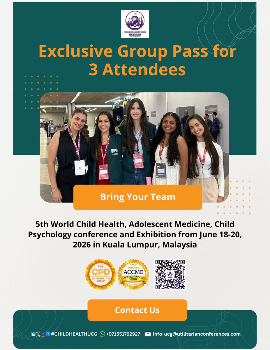 dr_lisharents's tweet image. Exclusive Group Pass for 3 Attendees

Bring your colleagues, team members in 5th World #ChildHealth, #ChildPsychology #Conference &amp;amp; Exhibition from June 18-20, 2026 in Kuala Lumpur

Register Now: …t-medicine.utilitarianconferences.com/registration
Early Bird registration deadline April 25, 2026.

#Grouppass