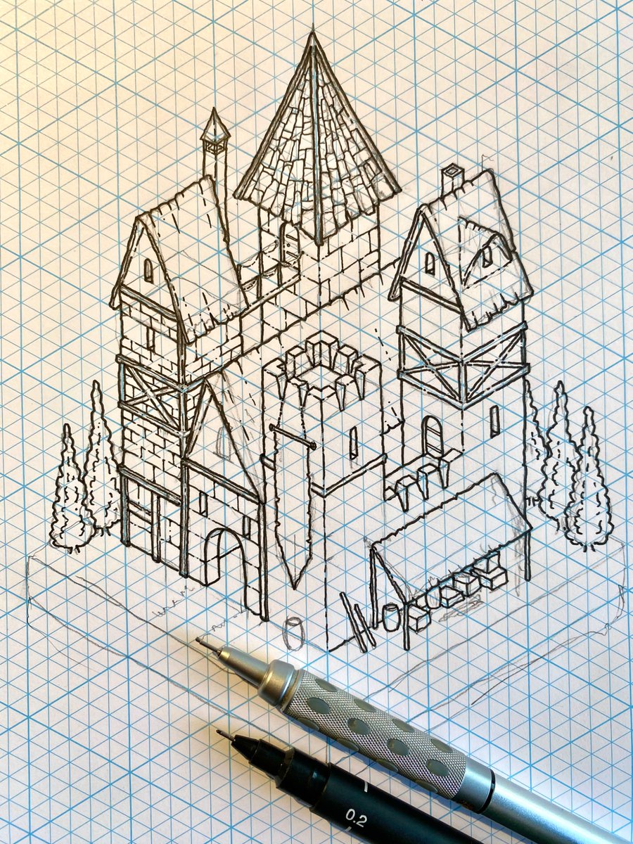 PathsPeculiar's tweet image. Work-in-progress. Haven’t drawn isometric in a while, and was in the mood for some worldbuilding. So here’s some kind of keep or mansion. Perhaps an inn?

#isometric #drawing #handdrawn #dnd #dungeonsanddragons
