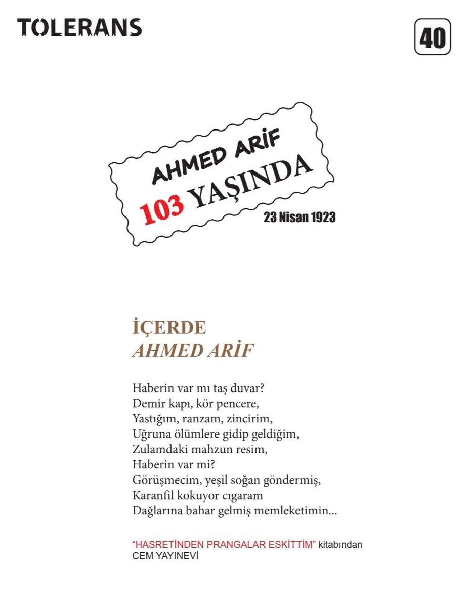 toleransdergi.blogspot.com/2026/03/tolera…
AHMED ARİF 103 YAŞINDA 
23 Nisan 1923

#ahmedarif
#toleransdergi 
#kültür 
#sanat 
#edebiyat