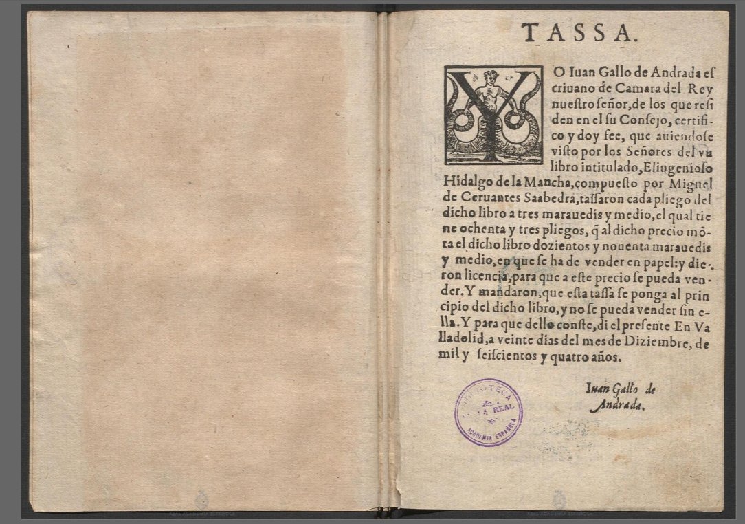 RAEinforma's tweet photo. #DíaDelLibro | ¿Cuánto costaba en 1605 la primera parte del «Quijote»?

Según certifica la «tasa» situada al inicio de la obra, costaba sin encuadernar 290 maravedís y medio.

Hoy pueden leer esta obra en la Biblioteca Digital de la RAE: https://t.co/pyPbITbTKr. https://t.co/wr3NQ8ul3Y
