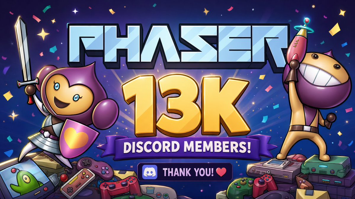 phaser_'s tweet image. 🎉 WE HIT 13,000 members on Discord!! 🥳

#Phaser 4 just dropped, and the community is bigger than ever 💜

Thank you for building with us. The best is genuinely ahead 🚀

Not in yet? Come join the fun 👉 f.mtr.cool/uqtgtllkxq

#gamedev #phaserjs #indiedev