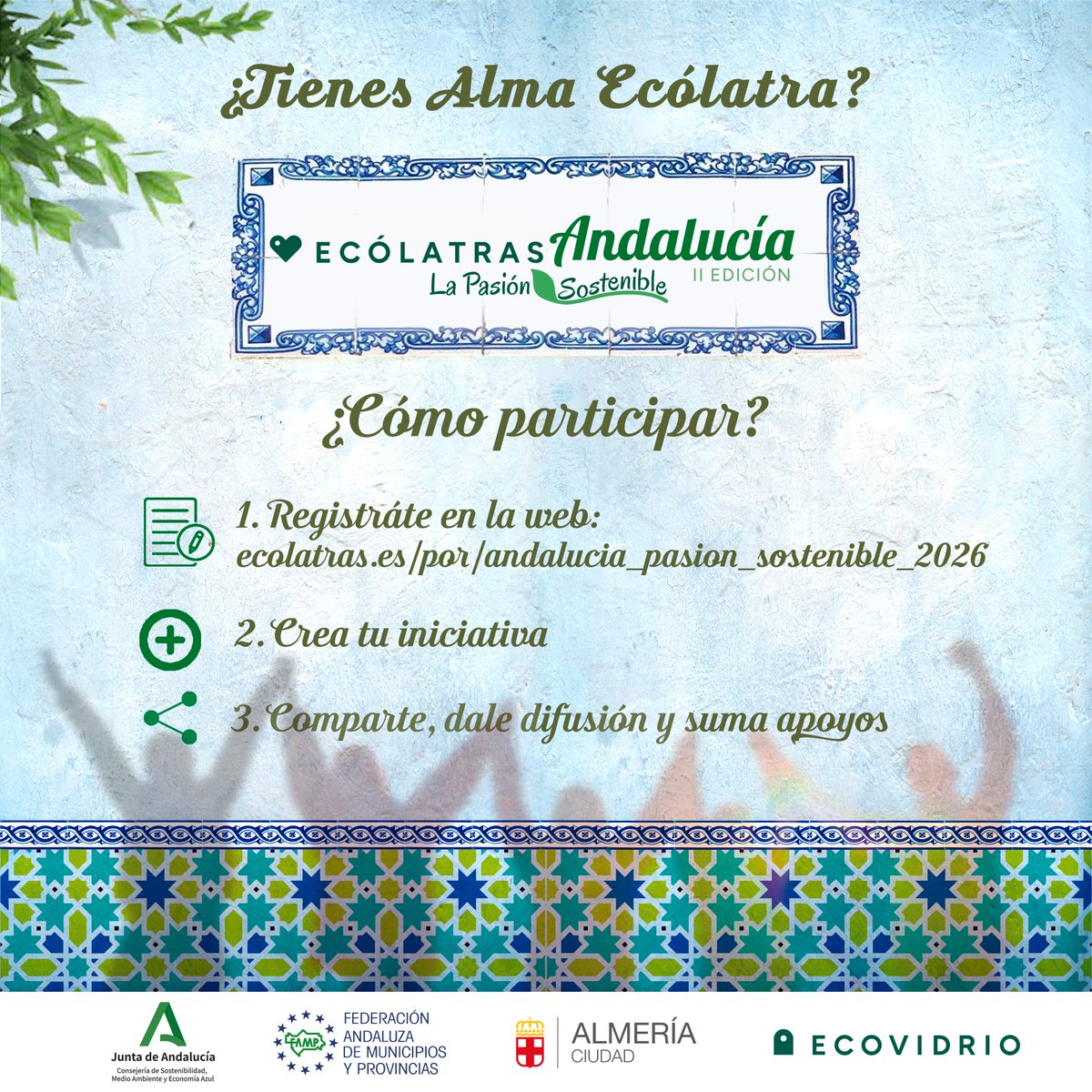 aytoalm's tweet image. ¿No sabes cómo participar en los #PremiosEcólatras? 🤔 ¡Es muy fácil! Regístrate aquí 👉 ecolatras.es/por/andalucia_… Crea tu iniciativa ♻ Difúndela y gana apoyos 👏 ¡Podrías ganar 2.000€! 💶 Una acción de: @andaluciajunta, @fampcomunicacion y @ecovidrio #Reciclaje #Sostenibilidad