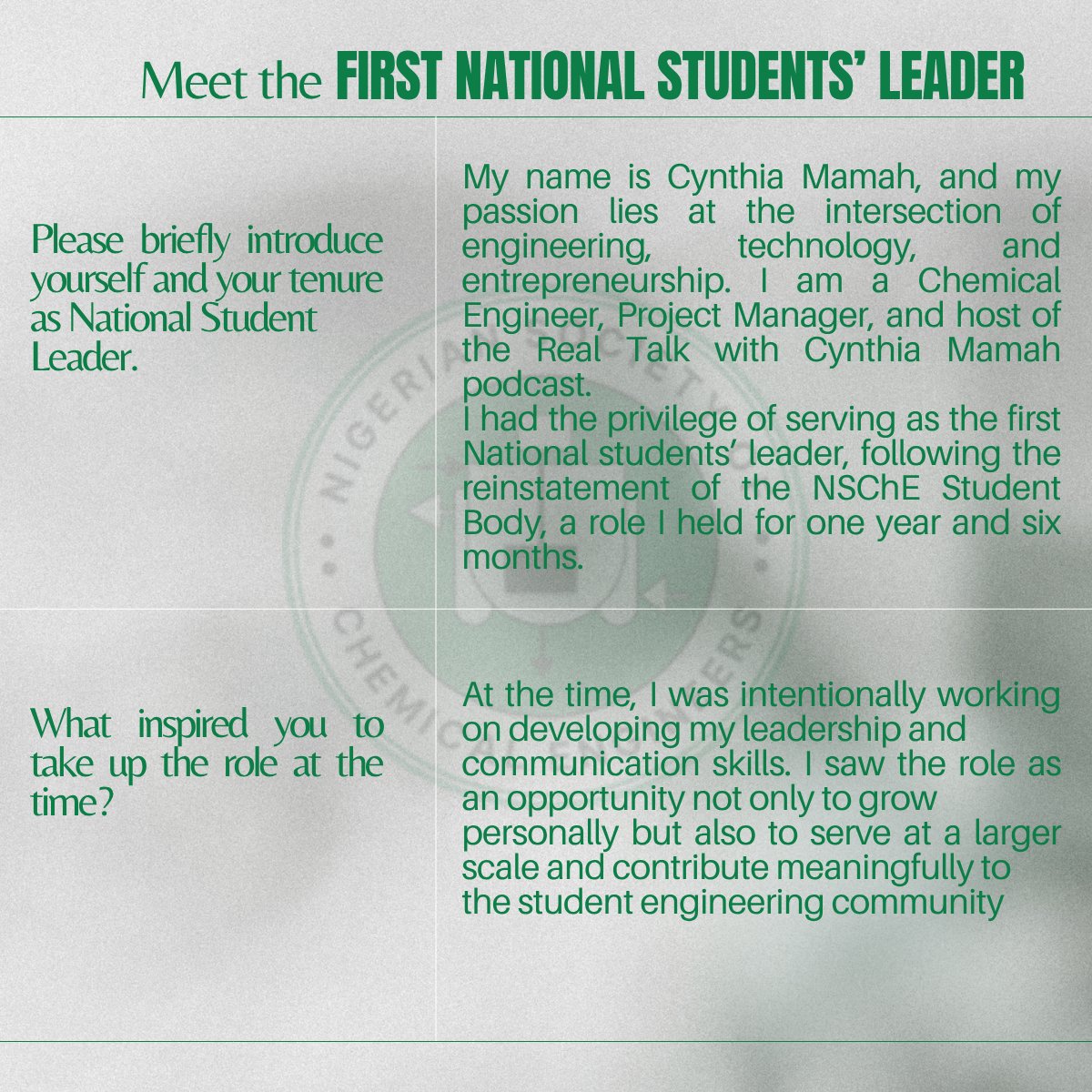 NSChE_HQ's tweet photo. Pioneering leadership. Inspiring a generation. ⚙️
We spotlight Cynthia Mamah, the 1st National Students’ Leader after the reinstatement of the NSChE Students’ Body (2023/2024).
She shares insights on rebuilding student leadership and shaping the future.
#NSChE #StudentLeadership https://t.co/wOja2URKz4
