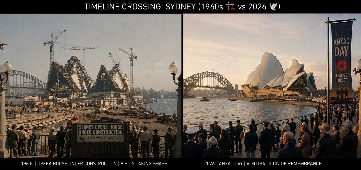 ppmmzzcom's tweet image. Timeline Crossing: Sydney (1960s 🏗️ vs 2026 🕊️).

The exact spot on the harbor. From the industrial chaos of construction to the global icon of #AnzacDay, the Sydney Opera House stands as a testament to vision and remembrance.

We will remember them.

#AITimeTravel #Sydney