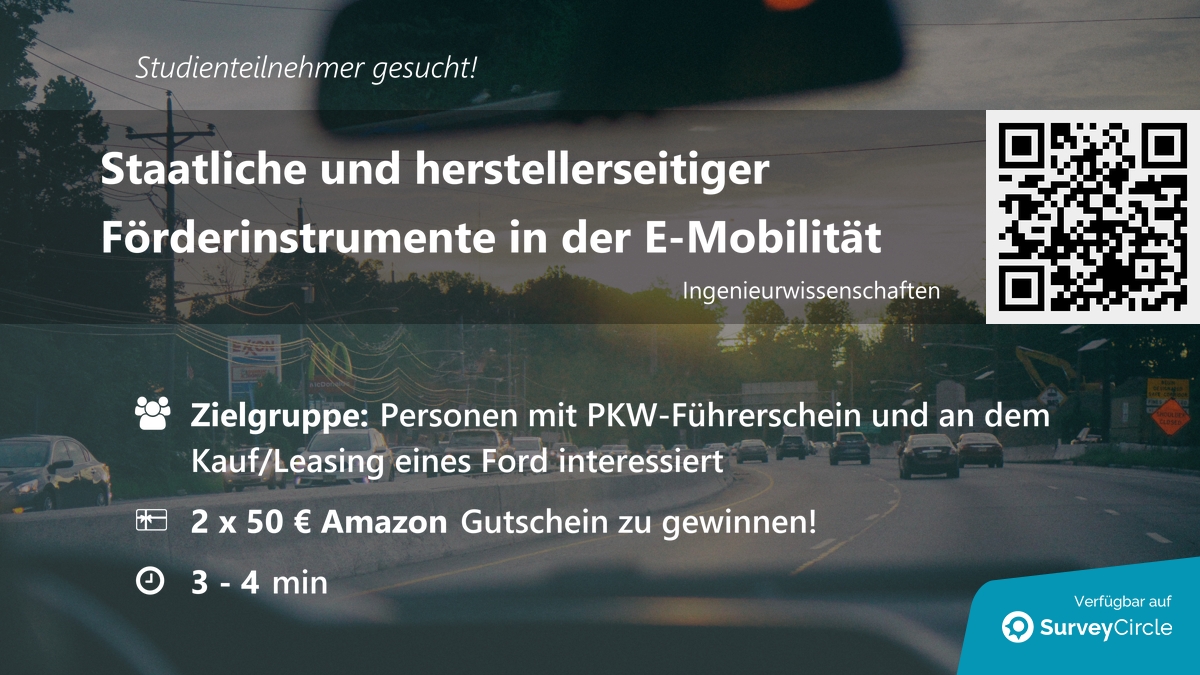 daily_research's tweet image. Teilnehmer für Online-Studie gesucht!

Thema: "Staatliche und herstellerseitiger Förderinstrumente in der E-Mobilität" surveycircle.com/TPT934/ via @SurveyCircle

#elektromobilität #ford #fördermaßnahmen #emobilität #umfrage #surveycircle