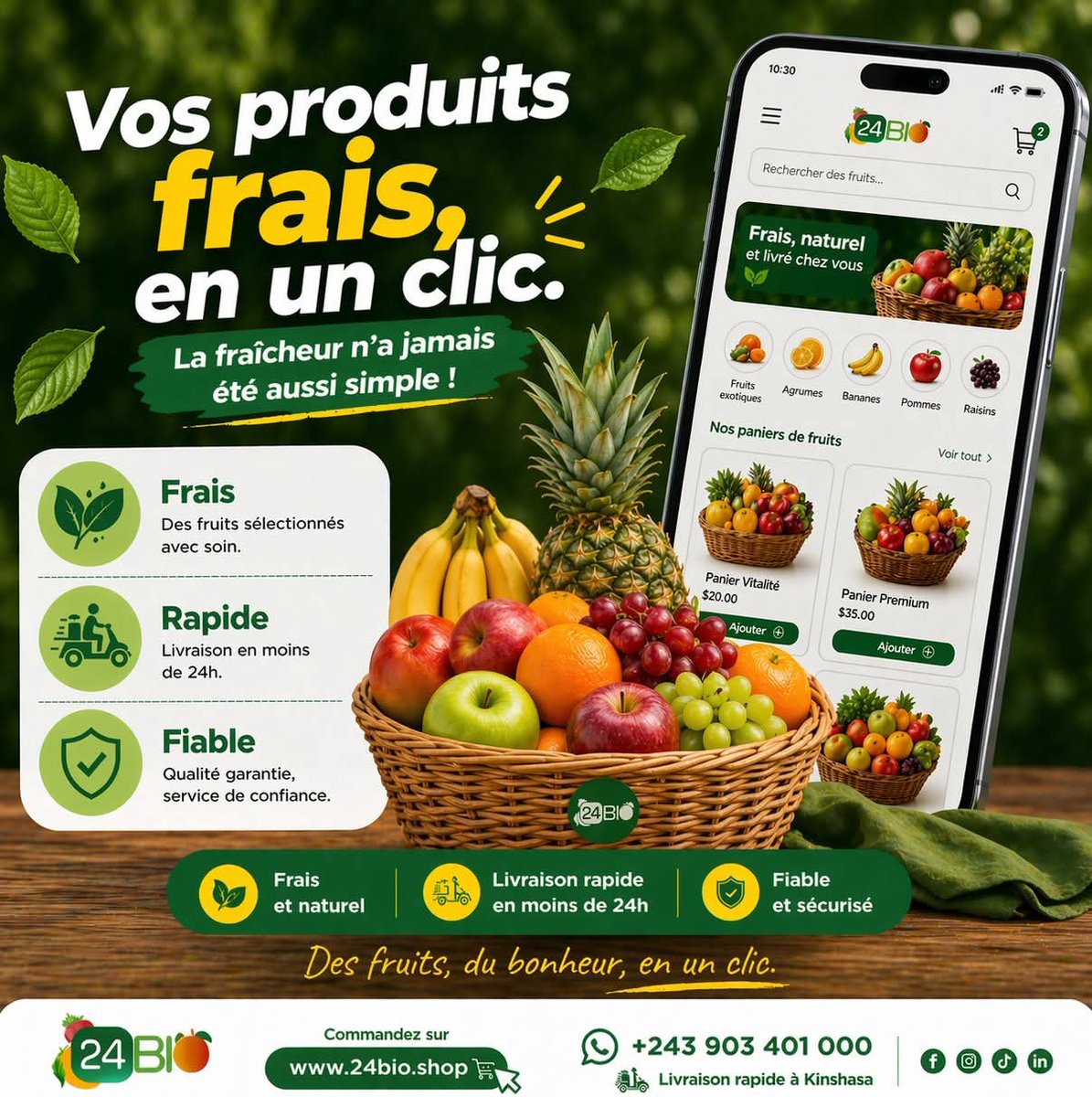 24Biodrc's tweet photo. 🍎 Des fruits, du bonheur, en un clic.

Offrez-vous un panier rempli de fraîcheur, soigneusement sélectionné pour vous.
Des fruits de qualité, livrés rapidement, pour allier plaisir et bien-être au quotidien.
🌐 Commandez ici : https://t.co/zeK7ao0Aob https://t.co/ag6iivwXmT