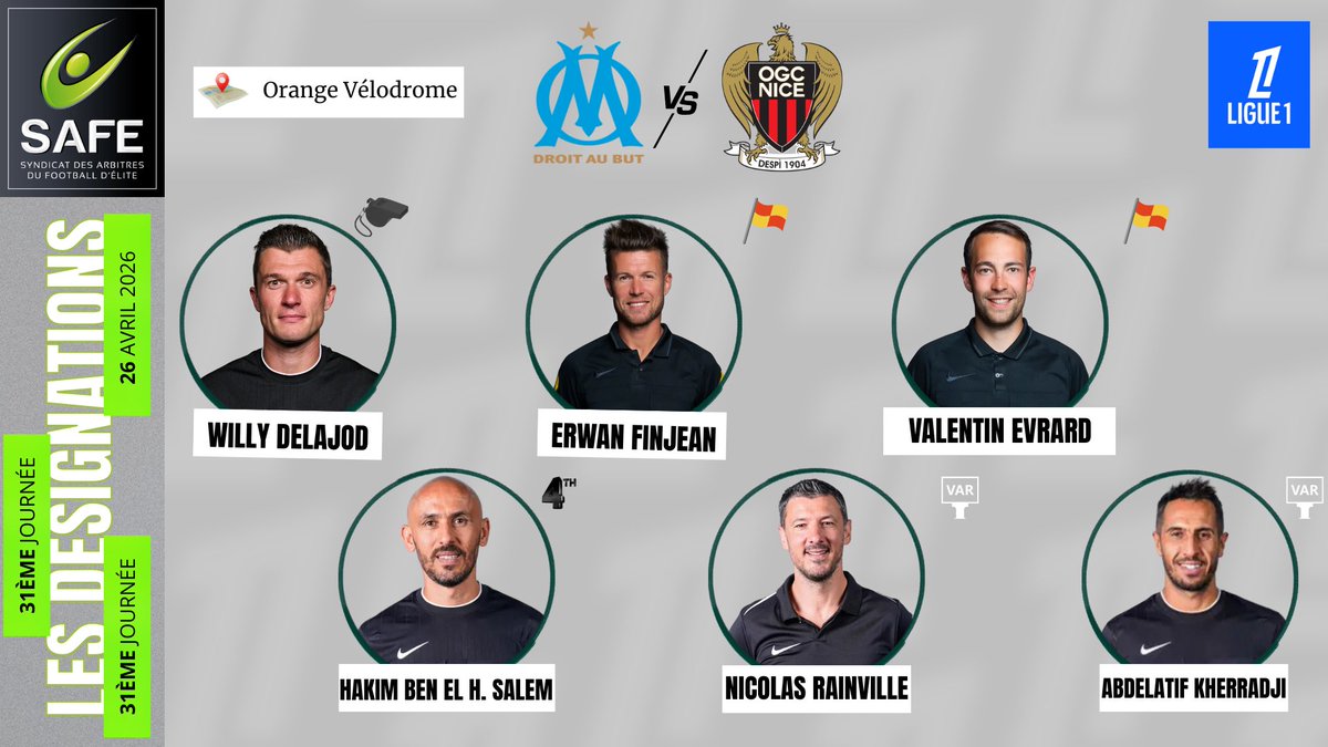 ArbitresSAFE's tweet image. ⭕️Les désignations

➡️ 31ème journée de @Ligue1  

🖥️Retrouvez toute l’actualité des arbitres d’élite français sur notre site web en description du compte
#arbitrage #referee