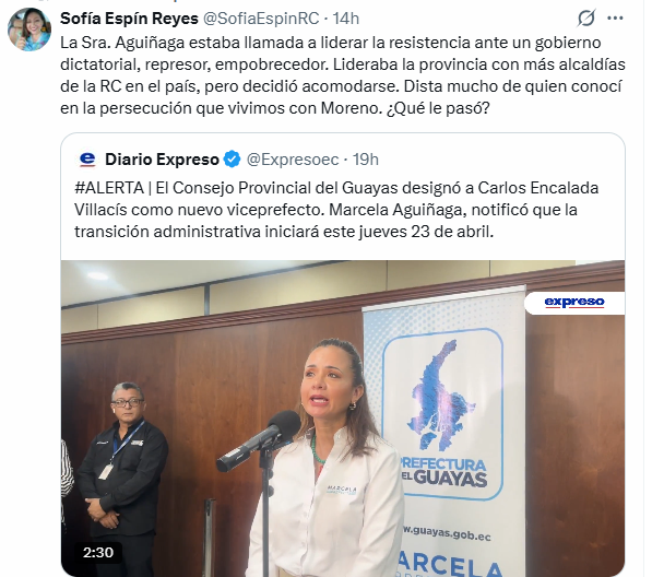 EcEnDirecto's tweet image. #ATENCIÓN 
La directora Provincial de la RC - #Guayas, @SofiaEspinRC, criticó la postura de la prefecta Marcela Aguiñaga, tras la designación de Carlos Encalada como nuevo Viceprefecto de la provincia, y su pronta salida de la entidad.
"La Sra. Aguiñaga estaba llamada a liderar