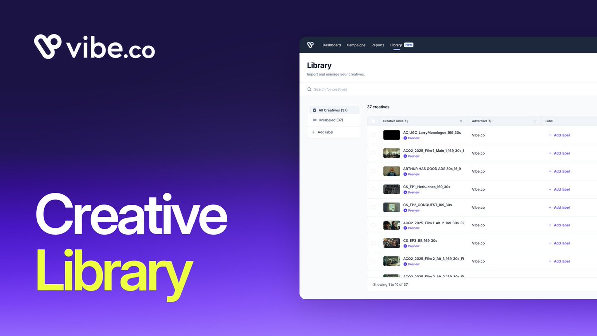 vibedotco's tweet photo. Introducing the Creative Library: a centralized hub for every creative asset you run on Vibe.

Upload, organize, label, preview, and move assets into campaigns from one place. No more managing creatives one at a time, scattered across different campaign flows. https://t.co/auHbQkJMo2