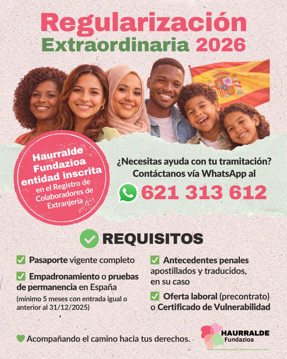 haurralde's tweet image. La #RegularizaciónExtraordinaria 2026 ya está en marcha. En Haurralde te acompañamos de forma completamente #GRATUITA. Contáctanos vía WhatsApp al📱621 313 612 y te responderemos en 24h-48h. 🙌🏽
#Regularización2026 #HaurraldeFundazioa #EntidadColaboradora #Extranjería
