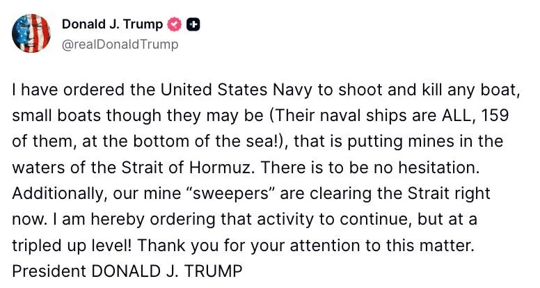MarioNawfal's tweet image. 🚨 BREAKING: 

🇺🇸🇮🇷 Trump orders the U.S. Navy to shoot and kill any boat laying mines in the Strait of Hormuz.

"There is to be no hesitation"

- Claims 159 Iranian naval ships are at the bottom of the sea
- Mine sweeping operations now tripled
- U.S. mine clearance already