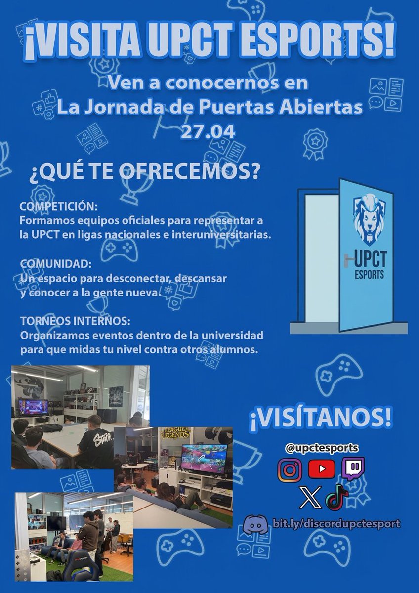 UPCTEsports's tweet photo. ¡Este lunes 27 toca subir de nivel! 🎮🔥

Ven a vernos en nuestra Jornada de Puertas Abiertas desde las 10:00. Pásate a conocer el setup, la comunidad y lo que hacemos en UPCT Esports.

Y ojo: ¡por la tarde podrás entrenar con nuestros jugadores de Smash! 👊💥

📍 Te esperamos. https://t.co/jlwOwJAeq5