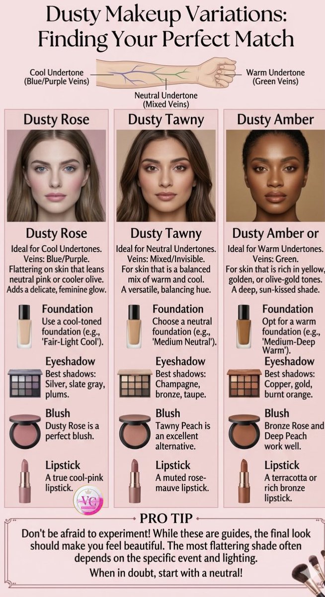 vandelchristen's tweet image. Finding your perfect "Dusty" shade shouldn't be a guessing game! ✨ Whether you’re a Dusty Rose, Dusty Tawny, or Dusty Amber, your undertone holds the secret to that flawless, natural glow.💄💖

#DustyMakeup #BeautyBasics #MakeupInspo #SkinUndertones #GlowUpTips
