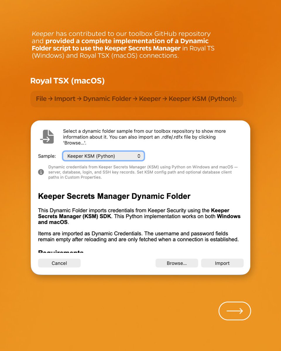 royalapps's tweet photo. @keepersecurity has contributed to our toolbox GitHub repository and provided a complete implementation of a Dynamic Folder script to use the Keeper Secrets Manager in Royal TS/X 💡 You can find their full documentation here ➡️ https://t.co/YlDnV5dpb3 https://t.co/H6UZdNZbRL