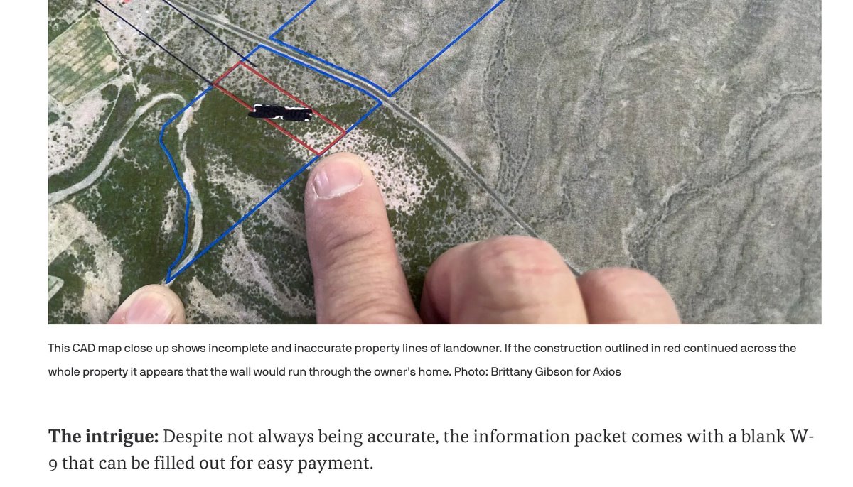 The federal govt is rushing Trump's border wall so badly that they're handing over information packets to landowners showing a wall being built *through their existing homes*

They're also asking people to grant them land access with a promise to "pay later" once they're done.