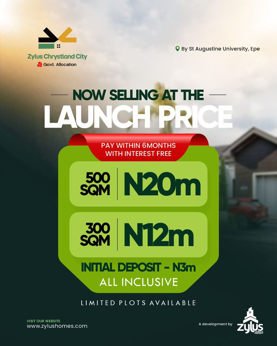 iamodera_'s tweet image. Secure land at Zylus Chrystland City, a premium development located by St. Augustine University, Epe - one of Lagos fastest-growing investment corridors.
Launch Prices:
500sqm - #20m
300sqm - #12m
Secure a plot with an initial deposit of #3m
Limited Plots Available
#realestate