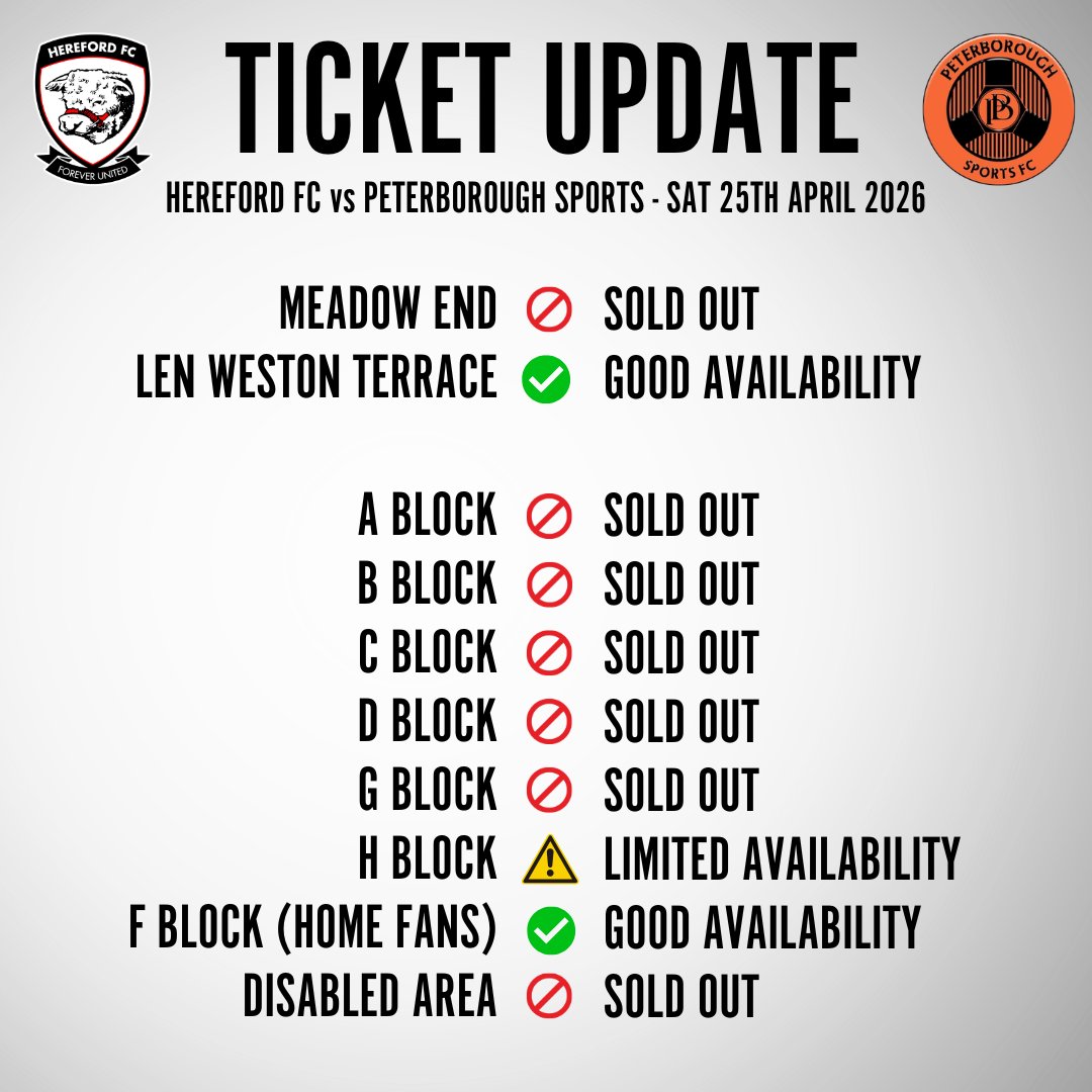 HerefordFC's tweet image. UPDATE | You guys 👊 ❤️ Closing in on the 4️⃣0️⃣0️⃣0️⃣ mark, with the Meadow End now SOLD OUT.  Get your ticket while you still can 👇

🎟️ herefordfc.ticketco.events
🕧 Reminder that it's a 12:30pm kick-off

#COYW | #OurCity