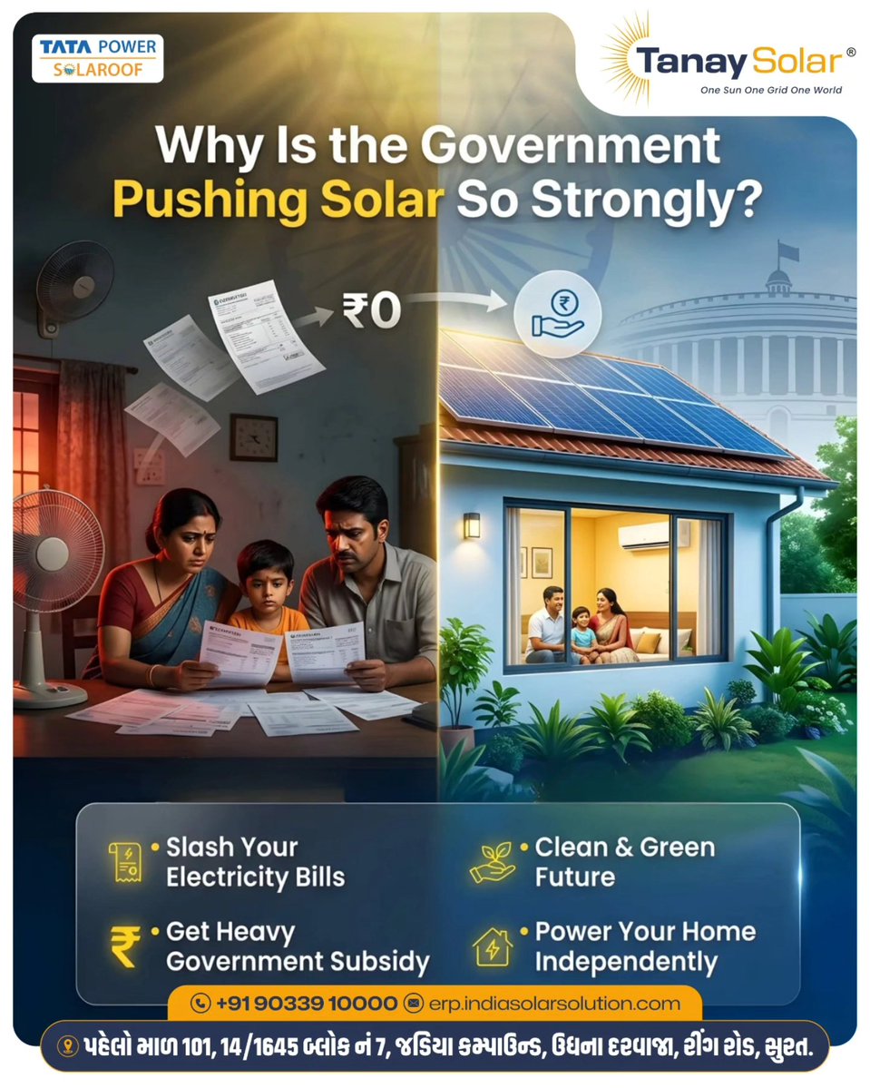 TanaySolar's tweet image. Why is the government pushing solar so strongly?
Because solar means savings, sustainability, and energy independence. 

#SolarEnergy #RooftopSolar #SolarPower #TanaySolar #TataPowerSolar
