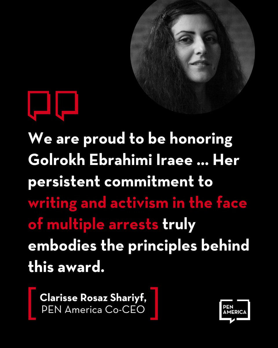 karinkarlekar's tweet photo. Writer, poet, human rights defender, and 2026 PEN/Barbey #FreedomToWrite Awardee Golrokh Ebrahimi Iraee has faced more than a decade of harassment, detention, and repeated imprisonment for her writing and activism on a range of human rights themes. https://t.co/w6hURgScw5