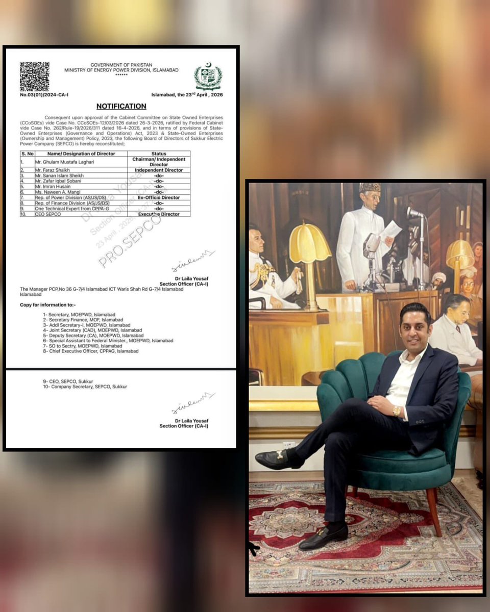SukkurHouse's tweet photo. سینیٹر اسلام الدین شیخ  صاحب کے صاحبزادے، سنان اسلام شیخ کو بورڈ آف ڈائریکٹر سیپکو منتخب کیا گیا ہے اس پلیٹ فارم کے ذریعے عوامی خدمت کے عمل کو مزید مؤثر بنایا جائے گا اور بجلی سے متعلق مسائل کے حل کے لیے عملی اقدامات کو ترجیح دی جائے گی، تاکہ عوام کو بہتر سہولیات فراہم کی جا سکیں https://t.co/xRkd0Q9HL1