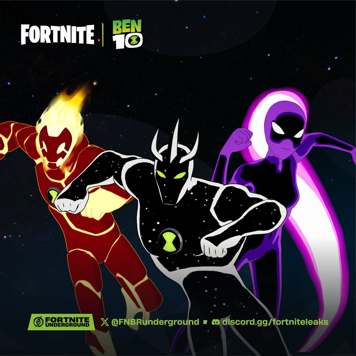 FNBRunderground's tweet image. Full look at the Ben 10 set in #Fortnite 🟢 

Transform into Ben, Gwen, and aliens from the Omnitrix when they hit the Shop tomorrow!