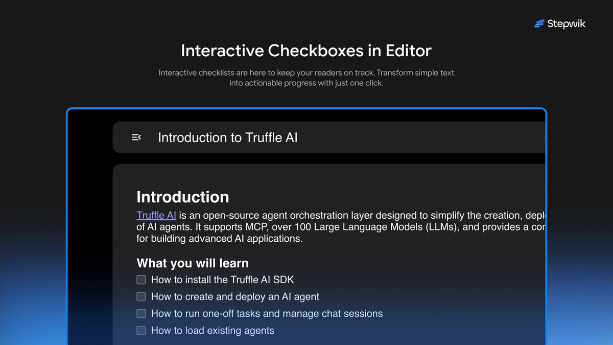 Big update for Codelab authors! 📣

You can now add interactive checklists to your tutorials. 

Help your readers track their journey from "Hello World" to "Deployment" with a simple click

Check it out in the editor today! ✍️
stepwik.com

#Stepwik #Changelog