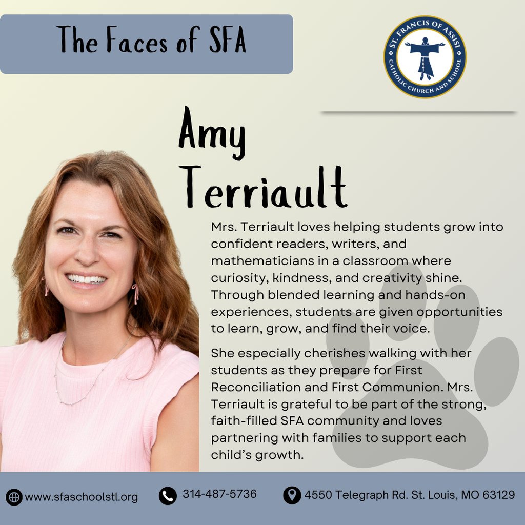 ✨ Faces of SFA ✨ Meet Mrs. Terriault, who brings faith, joy, and a love of learning to our second grade classrooms each day.