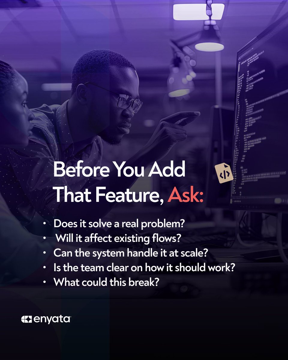 EnyataHQ's tweet image. Not every feature should go in just because it can.

Before you add it, it’s worth slowing down for a second and checking what it actually changes in the system.

A few questions upfront can save a lot of fixing later.

#ProductDevelopment #SoftwareEngineering #DigitalProducts