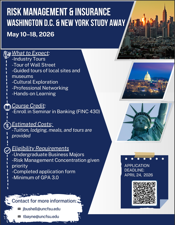 BcbeFsu's tweet photo. Explore D.C. &amp; NYC with Fayetteville State University 🌆

Risk Management Study Away Program
📅 May 10–18
📝 Apply by April 24

#FSU #StudyAway https://t.co/e7yhpV7Y6U