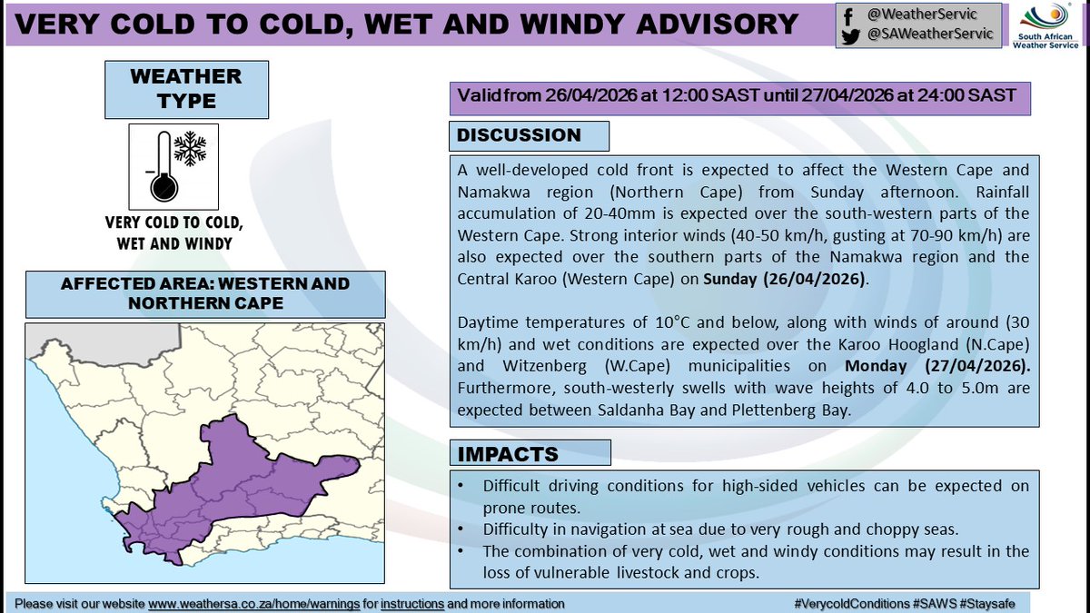 SAWeatherServic's tweet image. Advisory: Very cold to cold, wet and windy conditions 🥶🥶🥶
Area: Western Cape
Validity: 26-27 April 2026
#saws #Warning #weatheroutlook