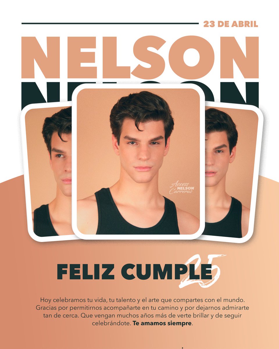 ¡Feliz cumple 25 <a href="/SoyNelsonC/">Nelson Carreras Oficial</a>! Hoy celebramos tu vida, tu talento y el arte que compartes al mundo. Gracias por permitirnos acompañarte en tu camino. Que vengan muchos años más de verte brillar y de seguir celebrándote. Te amamos siempre. 🥹🤍💫

#HBDNelson #Felices25Nelson